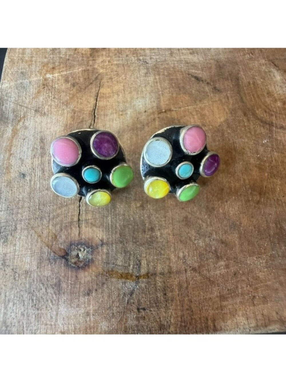 Vintage Multi-Stone Post Earrings With Colorful Cabochons Black Background